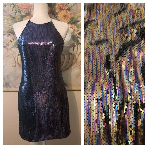 Sz M Dainty Hooligan Black Iridescent Sequin Halter Mini Dress - Picture 3 of 15